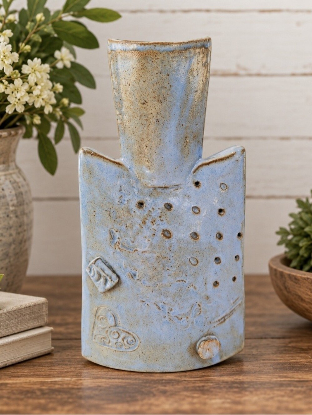 Handmade Pottery large blue‎ beige vase heart flower